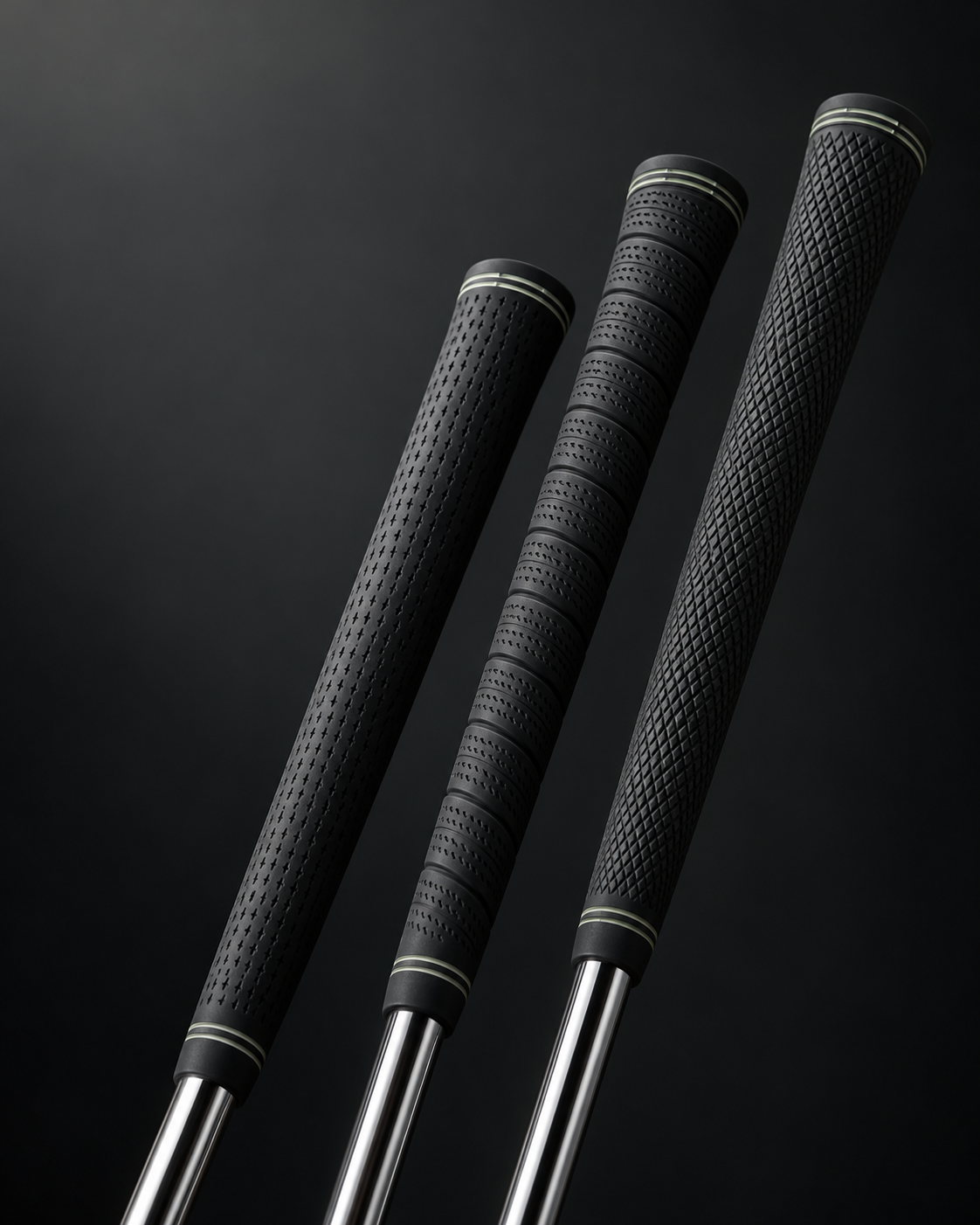 Close-up of three textured black rubber golf grips with subtle sage trim